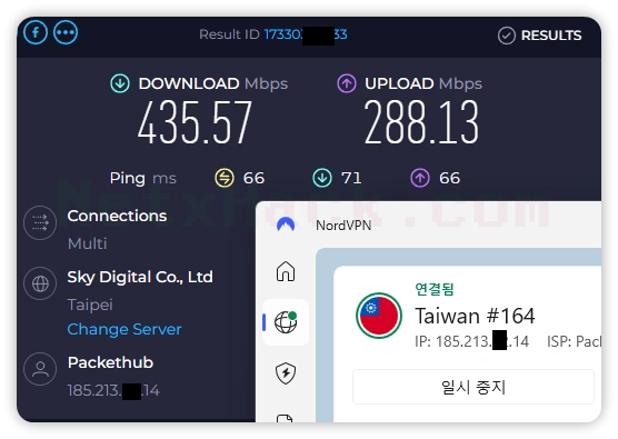 NordVPN 속도 - 대만 서버 435.57Mbps