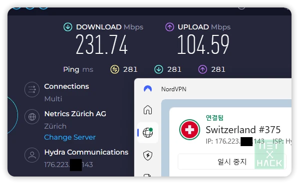 노드VPN 속도 - 스위스 서버 231.74Mbps