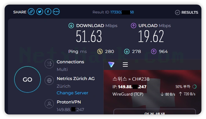 프로톤VPN 속도 - 스위스 서버 51.63Mbps