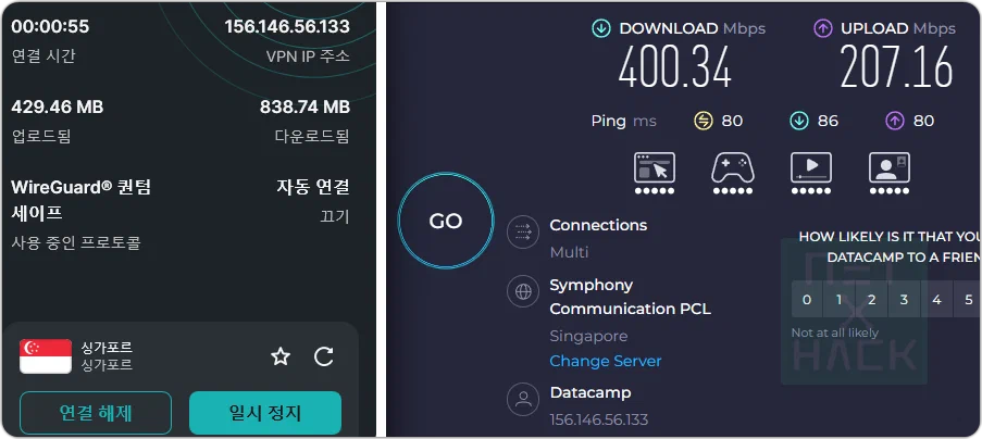 서프샤크 speedtest(속도 테스트) - 싱가포르